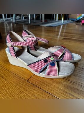 Camper Red and White Gingham Wedge Sandals- never worn in original box